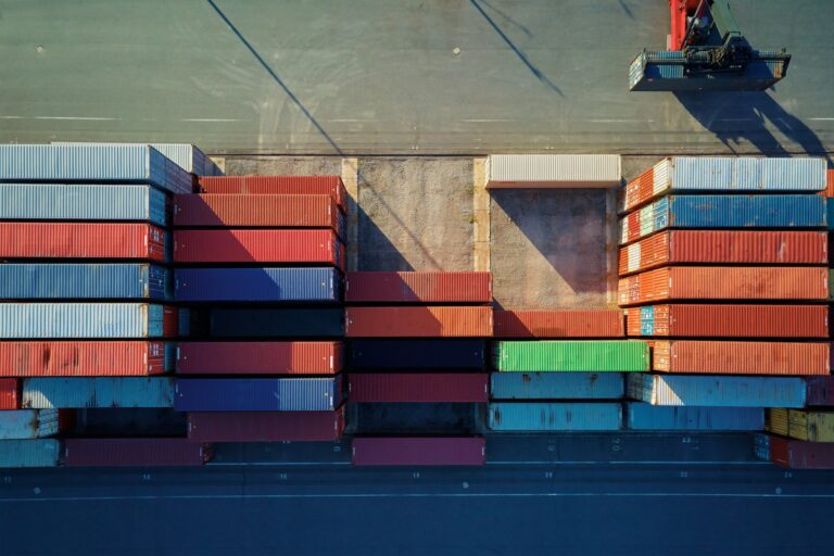 Containers warehouse, aerial view. Shipping and logistic concept