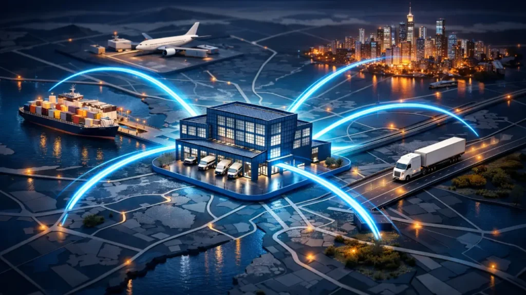 A 3D logistics network map illustrating how a strategically located warehouse connects to shipping ports, highways, and airports to reduce final-mile costs.