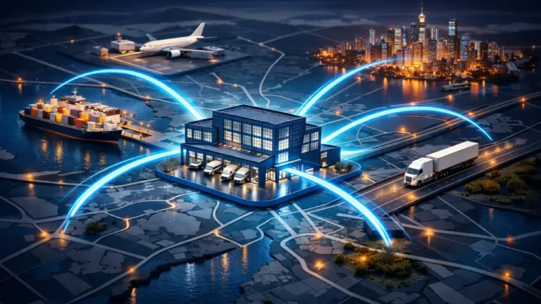 A 3D logistics network map illustrating how a strategically located warehouse connects to shipping ports, highways, and airports to reduce final-mile costs.